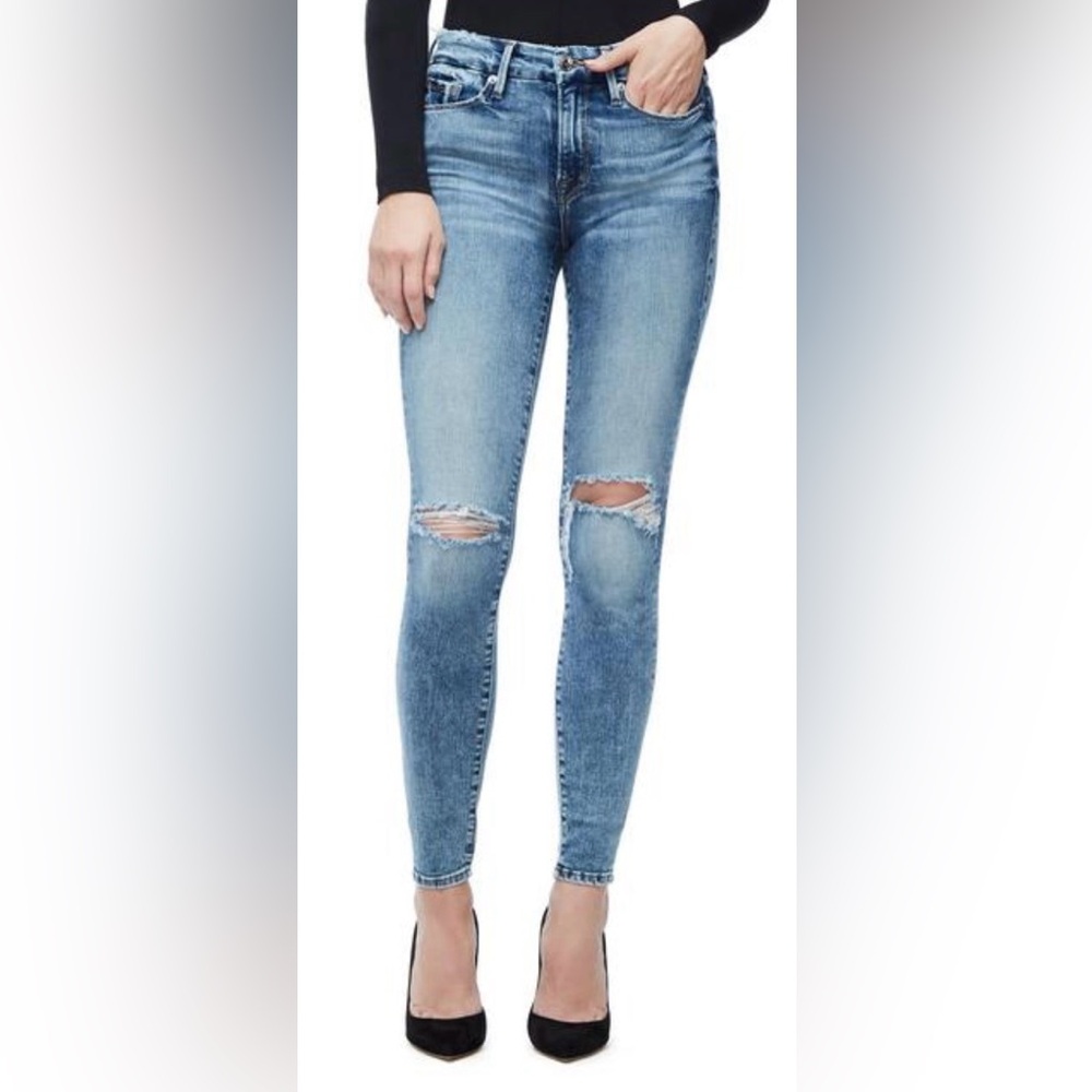 1. Good American Good Legs Light Blue Distressed Skinny Jeans